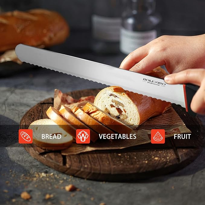 10 Inch Wavy Edge Serrated Bread Knife for Sourdough, With Non-Slip Softgrip, Sharp & Long Blade For Homemade Bread, Cake, Bagel, 2.5MM Thickened Japanese High Carbon Stainless Steel