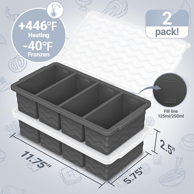 Doasuwish Silicone Freezer Tray for Soup with Lid – 1-Cup Soup Container Style Ice Cube Trays for Freezer, Meal Prep & Food Storage, Freeze 250mL/125mL Portions – 2 Pack