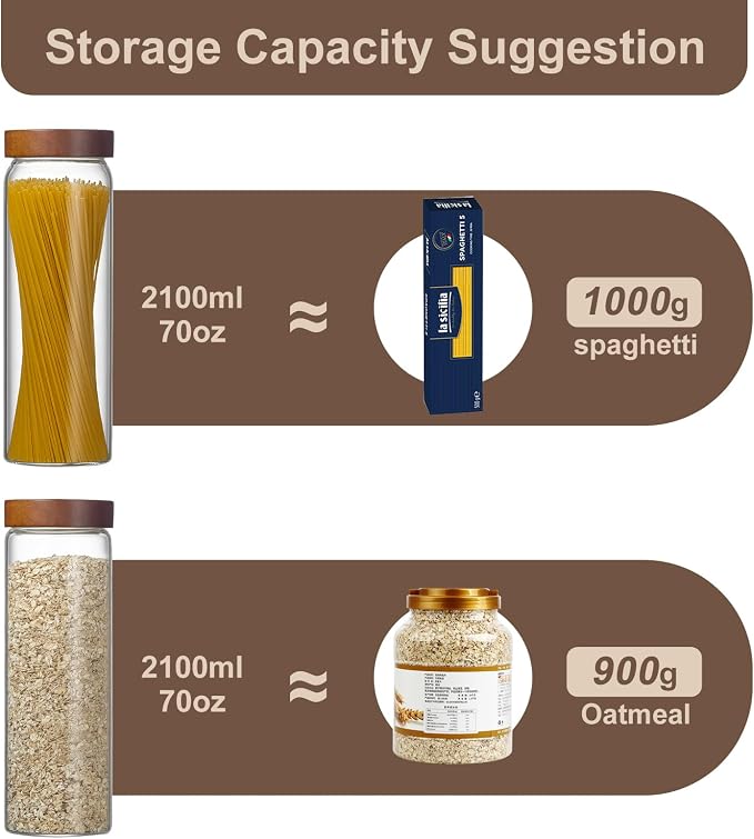 Wissy&Konny 3 Pack Glass Pasta Storage Containers with Screw wood Airtight Lid, 70oz Tall Glass Jar with Lid Spaghetti Container Storage for Pasta,Spaghetti,Cereal (132 Pantry Labels)