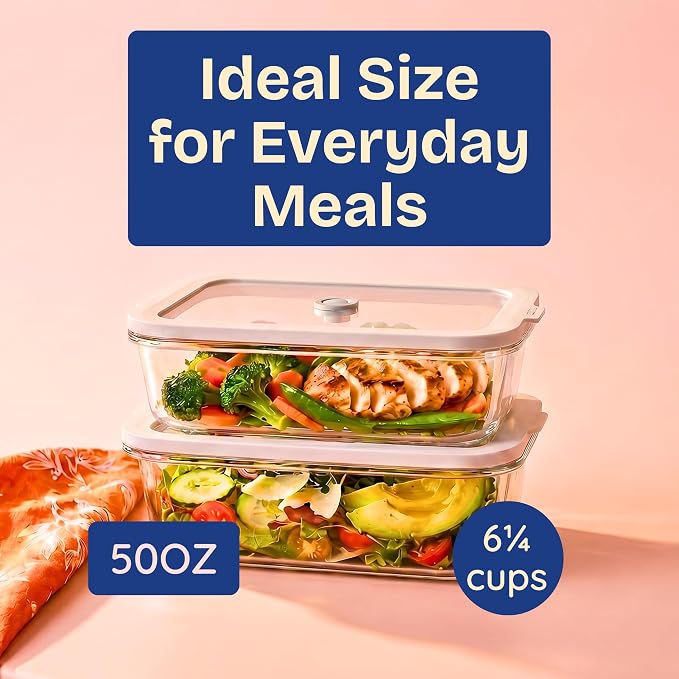 Non-Toxic Glass Food Containers with Lids, 2-Pack, 50 oz, Airtight, Gray | Plastic & BPA free. Glass body, glass lid & platinum silicone seal. Airtight & leakproof. Freezer & microwave safe.