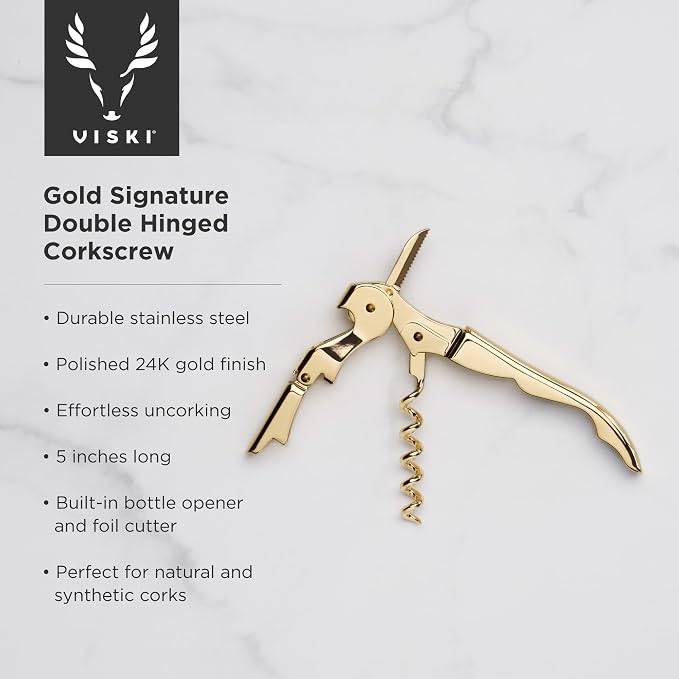 Viski 24k Gold Plated Signature Double Hinged Waiter's Corkscrew Wine Opener, Stainless Steel with Built-in Bottle Opener & Foil Cutter for Home Bar, Kitchen, Travel, Gifts for Wine Lovers, Set of 1
