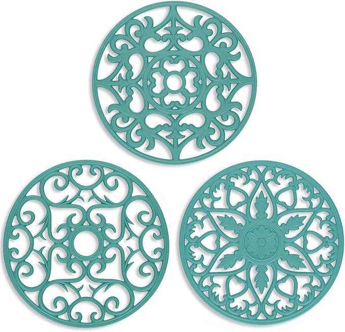 ME.FAN Trivets for Dishes/Pots/Pans, 3 Pcs Silicone Mats, Flexible/Durable/Non Slip Hot Pads to Protect Table and Counter Top (Teal Blue)