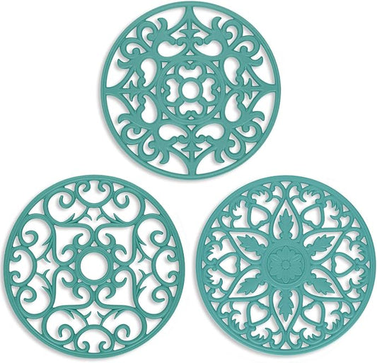 ME.FAN Trivets for Dishes/Pots/Pans, 3 Pcs Silicone Mats, Flexible/Durable/Non Slip Hot Pads to Protect Table and Counter Top (Teal Blue)