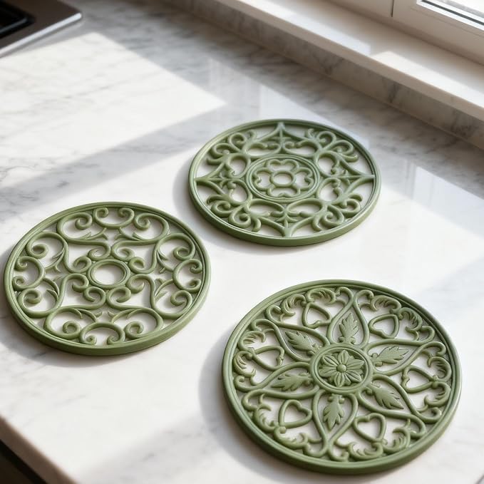 ME.FAN Trivets for Dishes/Pots/Pans, 3 Pcs Silicone Mats, Flexible/Durable/Non Slip Hot Pads to Protect Table and Counter Top (Olive Green)