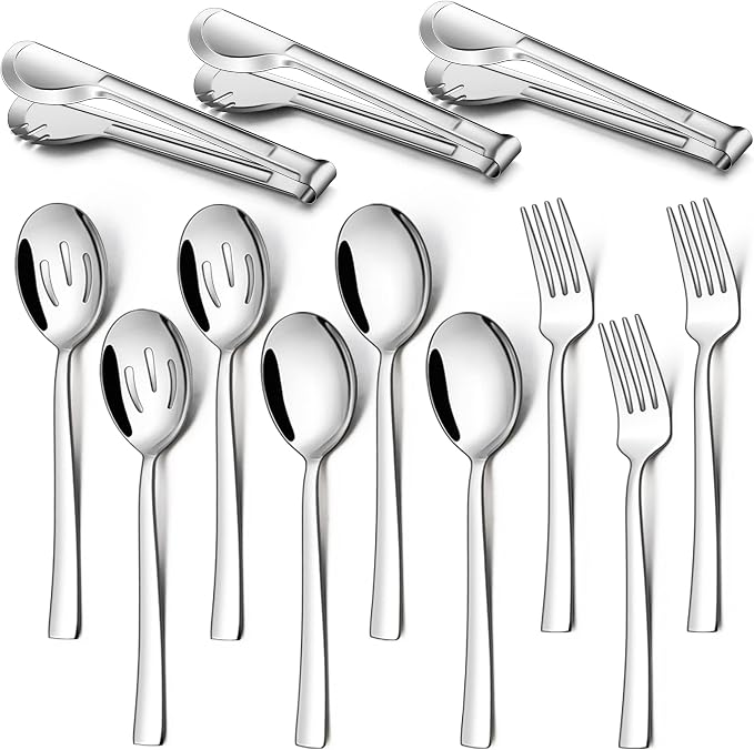 LIANYU 12 Piece Serving Utensils, Stainless Steel Serving Spoons Set, Include 3 Serving Spoons, 3 Slotted Spoons, 3 Serving Forks, 3 Metal Tongs for Kitchen Buffet Party Banquet Entertaining