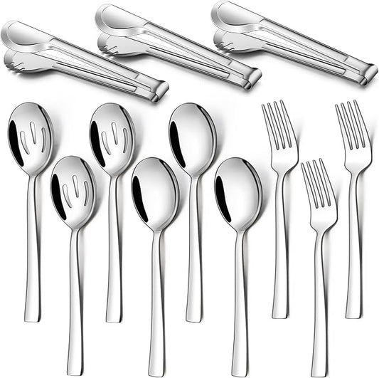 LIANYU 12 Piece Serving Utensils, Stainless Steel Serving Spoons Set, Include 3 Serving Spoons, 3 Slotted Spoons, 3 Serving Forks, 3 Metal Tongs for Kitchen Buffet Party Banquet Entertaining