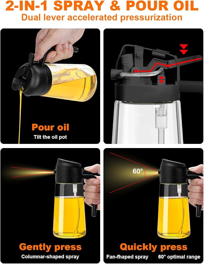 Oil Sprayer for Cooking Oil Oil Spray Bottle Kitchen 2 in 1 Glass Oil Atomiser 470 ml Oil Sprayer Oil Bottle Oil Dispenser for Grilling, Cooking, Salads, Baking, Healthy Food Kitchen Utensils