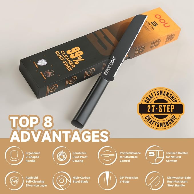 OOU® Black Blade 8 Inch Bread Knife with AgShield™ & Cerablack™ Technology, Rust-Resistant & Easy-Clean Finish, Serrated Edge for Sourdough, Bagels & Cake