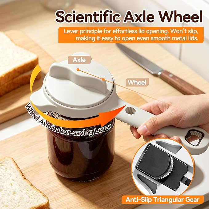 4-In-1 Jar Opener for Weak Hands & Seniors, Adjustable Fits Lid 0.98-3.54In | Effortlessly Opens Stubborn Screw Lids & Bottle Caps. White Jar Lid Opener, 3 Stainless Steel Claws, Kitchen Gifts For Women