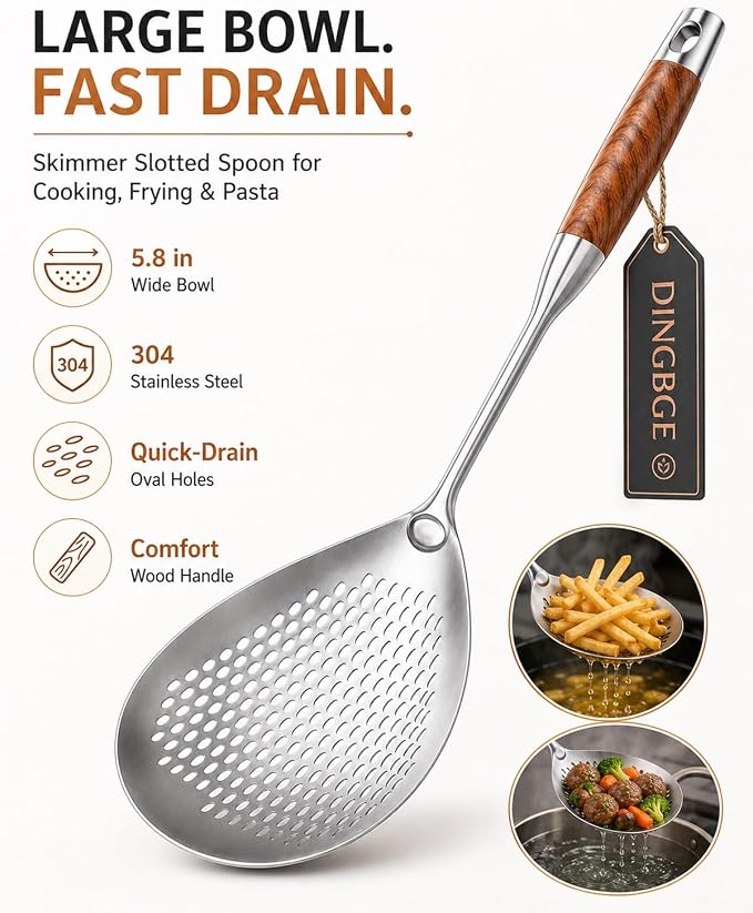 Wooden Handle Stainless Steel Skimmer Spoon Spider Strainer Slotted Scoop Frying Ladle Kitchen Gadgets Deep Fryer Cooking Draining Pasta Noodle Hot Pot Dumpling Seafood 304 Long(5PCS)