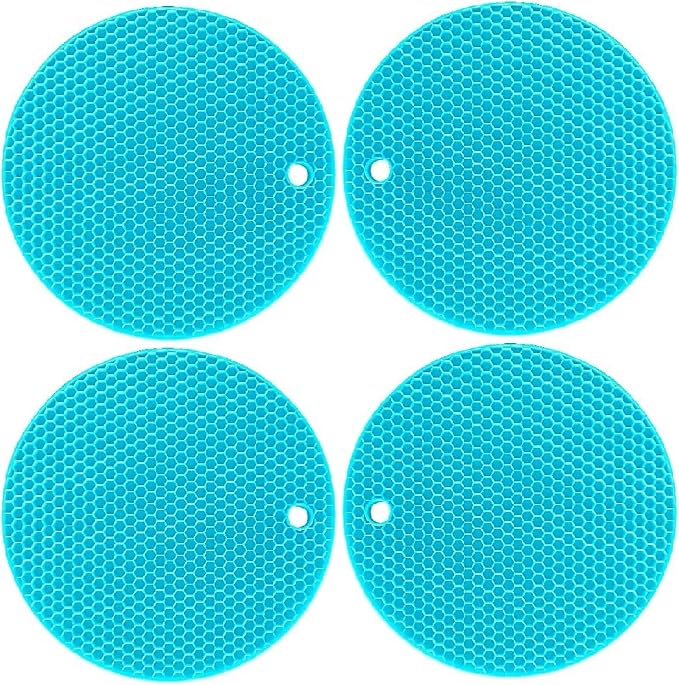 7-Inch Round Silicone Trivet Mats - 4-Pack Non-Slip Heat Resistant Hot Pads for Kitchen Countertops, Pots and Pans (Blue)