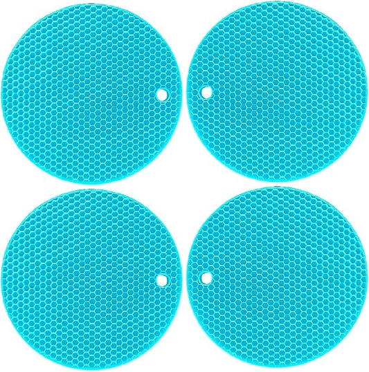 7-Inch Round Silicone Trivet Mats - 4-Pack Non-Slip Heat Resistant Hot Pads for Kitchen Countertops, Pots and Pans (Blue)