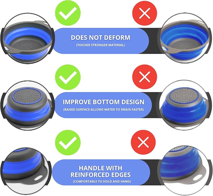 Round Silicone Blue Colander Collapsible – Foldable Kitchen Strainer Small Collapsible Colander Blue with Plastic Handles for Draining Vegetable and Fruit Round Silicone Kitchen Strainer for Pasta