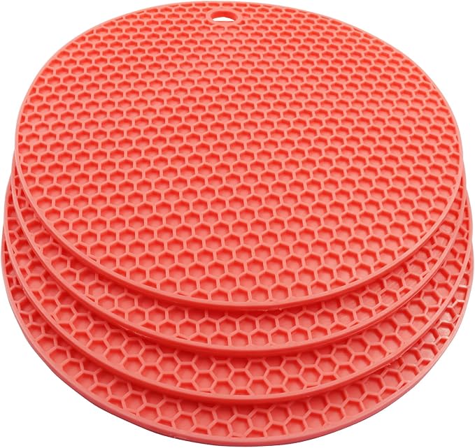 4 Pack Round Silicone Trivet Mats, Red | Heat Resistant, For Pots, Bowls, and Countertops