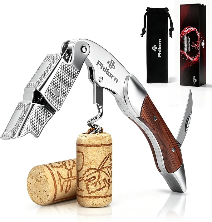 Philorn Wine Opener-Professional Corkscrew Wine Opener with Foil Cutter & Cap Remover, Manual Wine Key for Servers, Bartenders, Waiters & Home Use, Rosewood Handle Wine Bottle Opener