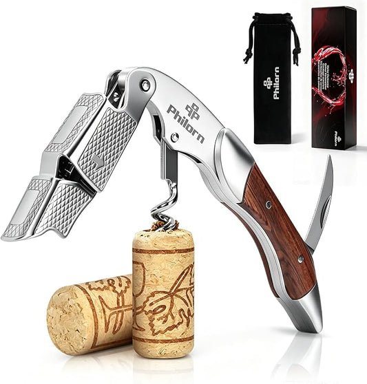 Philorn Wine Opener-Professional Corkscrew Wine Opener with Foil Cutter & Cap Remover, Manual Wine Key for Servers, Bartenders, Waiters & Home Use, Rosewood Handle Wine Bottle Opener