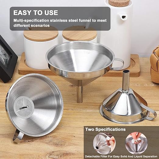 Stainless Steel Funnels for Kitchen use,4PCS Kitchen Metal Funnel with 2 Removable Strainer,Cleaning Brush.Funnel for Filling Bottles,for Transferring of Liquid,Oils,Jam (5.1",3",2.2",1.8")