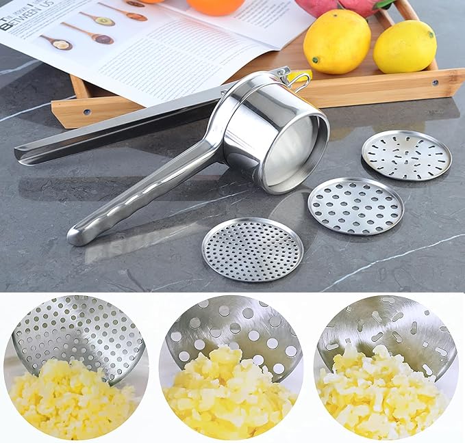 Mo&Bo Large 15oz Potato Ricer with 3 Interchangeable Discs,Heavy Duty Stainless Steel Sweet Potato Masher and Ricer Kitchen Tool,Ricer for Mashed Potatoes,Manual Press Fruit Juicers,Ergonomic Handle