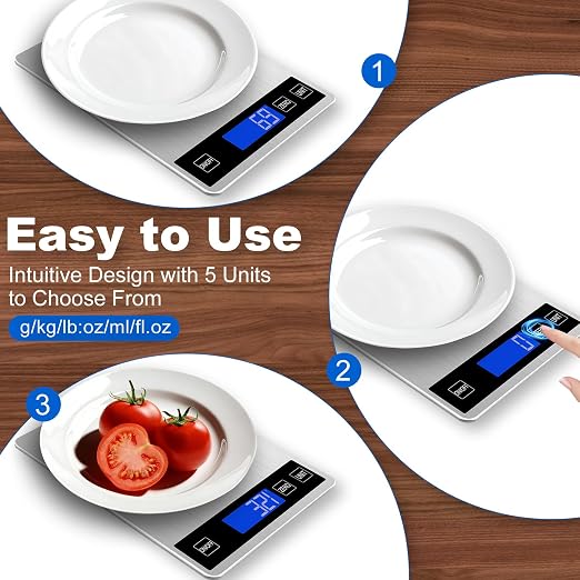 Food Scale, Digital Kitchen Scale for Kitchen 1g Precision, 22lb | Tare Function, Backlit LCD, Incloud Batteries 304 Stainless Steel 5 Units (g/kg/lb:oz/ml/fl.oz) For Baking Cooking Prep