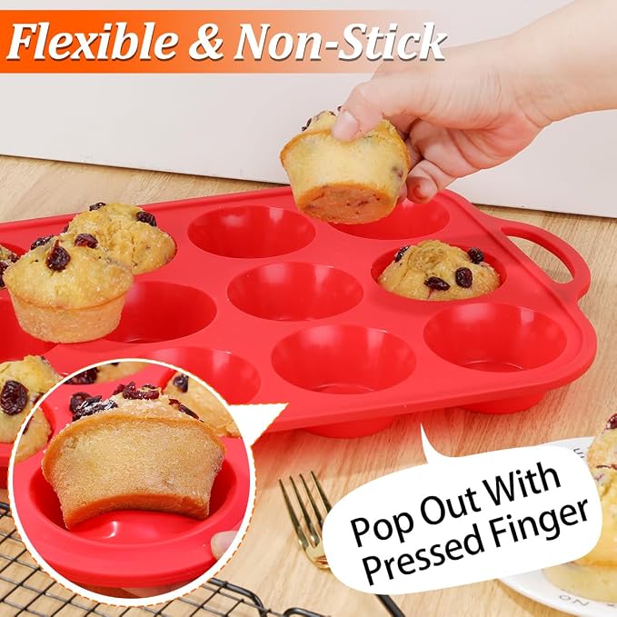 CAKETIME Silicone Muffin Pans for Baking, Metal Reinforced Frame Regular 12 Cups & Mini 24 Cups Cupcake Pan Set Nonstick Muffin Pan for Homemade Baking Easy to Handle