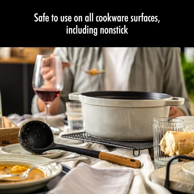 STAUB Soup Ladle & Rice Spoon Set - Serve Hot Soup, Keep Rice Fluffy, BPA-Free Silicone, Acacia Wood Handles