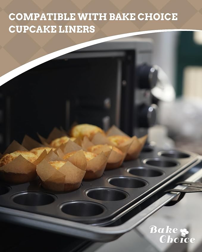 Bake Choice Mini Muffin Pan with 200 Cupcake Liners, Mini Cupcake Pans | Nonstick 24 Cup, Muffin Tin, Carbon Steel Baking Supplies
