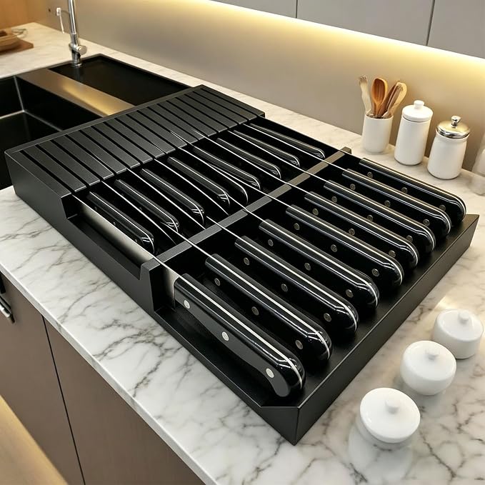 Black Painted Bamboo In-Drawer Knife Block, 17 Slot Large Capacity Knife Organizer, Upper and Lower Kitchen Steak Knife Storage Rack - Holds 8 Short Knives + 9 Long Knives