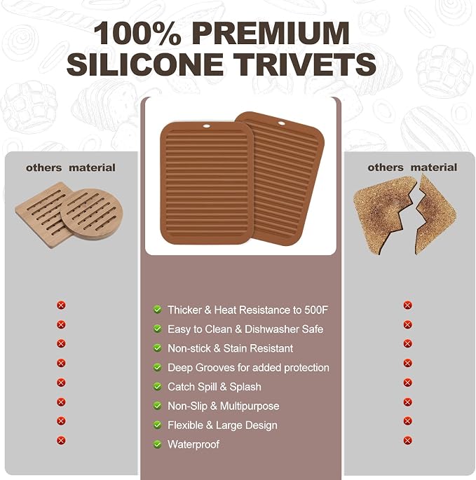 2 Pack Square Trivets for Hot Dishes | 9*12in Silicone Hot Pads for Kitchen,Hot Pots and Pans, Protect Table, Countertops, Heat Resistance to 480°F,Brown