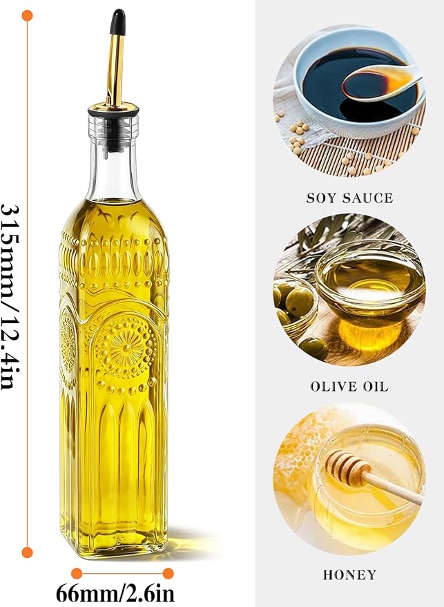 1 Pcs Olive Oil Dispenser Bottle for Kitchen,17oz Clear Glass Cooking Oil and Vinegar Dispenser Set, Coffee Syrup Dispenser with 1 Pourers and 1 Funnel (One square)