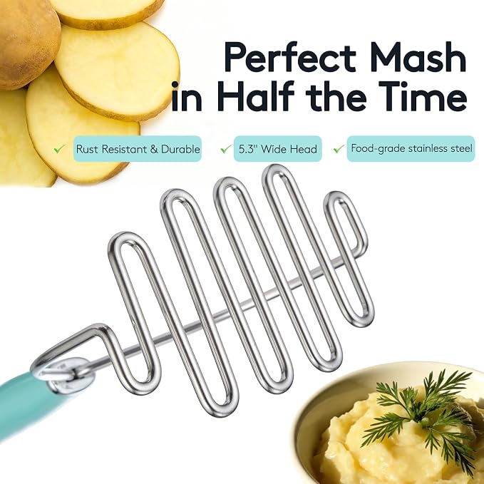 Potato Masher, 10.2 Inch Heavy Duty Stainless Steel Wire Build, Ergonomic Handle, Reinforced Durable Design for Effortless Mashing, Food Grade Dishwasher Safe Kitchen Tool, Blue