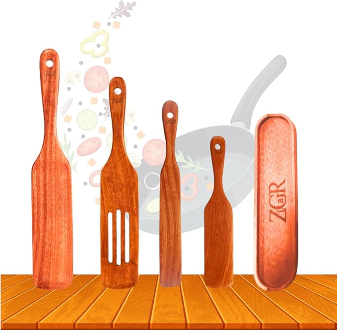 Wooden Spatula - 5Pcs Teak Wood Spurtle Utensils Set – Non Toxic Spatula - Spurdle with Rest - Heat-Resistant – Spurtle for Sourdough Starter - Mixing, Cooking, Serving Spoon- NonStick - A Gift
