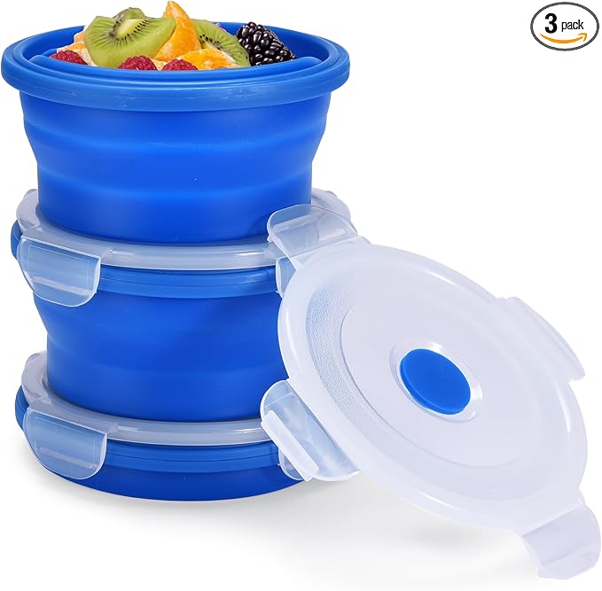 Collapsible Food Storage Containers with Lids - 13.5oz/0.4L Silicone Bowls with Airtight Lid for Kitchen, Camping - BPA Free, Microwave, Dishwasher and Freezer Safe Lunch Boxes - Salad Bowl Container