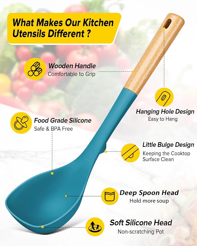 Silicone Soup Ladle and Spaghetti Spoon Set with Wooden Handle, Non Stick Heat Resistant Kitchen Utensils for Cooking, Stirring, Serving Pasta, Soup & Sauce(BLUE)