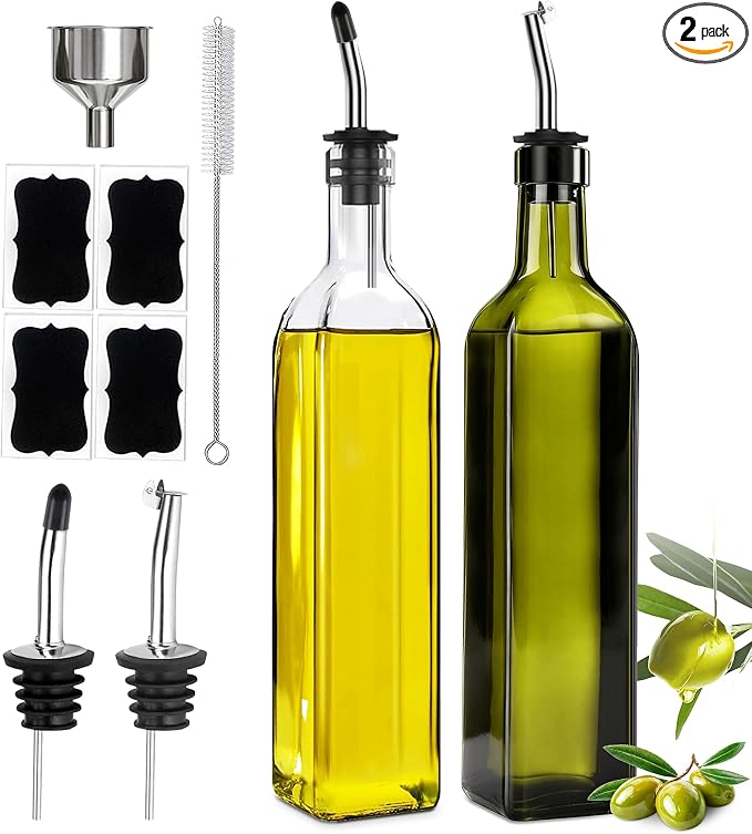 Leaflai Olive Oil Dispenser Bottle, 2 Pcs Glass Olive Oil Dispenser and Vinegar Dispenser Set with 2 Stainless Steel Pourers, 4 Labels,1 Brush and 1 Funnel Oil Bottles for Kitchen (500ml)
