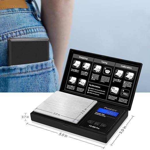 Fuzion Digital Pocket Gram Scale 0.01g x 500g, with 100g Calibration Weight | High Precision, Easy of Use, Tare Function, 6 Modes Ounces Grains, Battery Included, Weighs Jewelry, Coins, Herb, Small Food