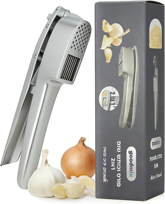 Stainless Steel Garlic Press Rocker - Professional Grade 304 Garlic Crusher & Mincer with Silicone Peeler and Cleaning Brush, Ergonomic Wide Handle, Dishwasher Safe Kitchen Gadget