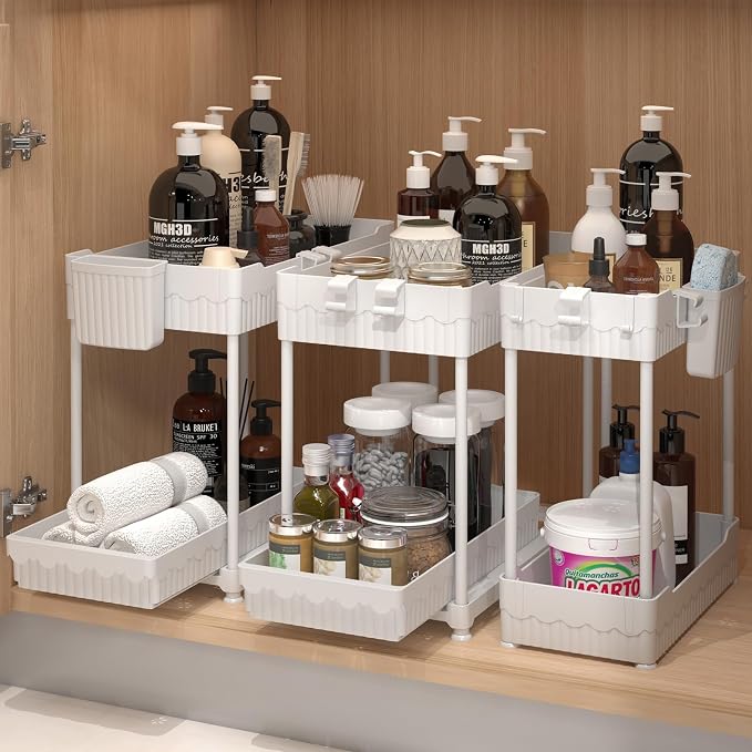 3 Pack Under Sink Organizers, 2-Tier Multi-Use Kitchen and Bathroom Organizers and Storage with Sliding Drawers, Bathroom Cabinet Organizer (White, 14.8 Inch) | Multi-use kitchen & bathroom storage, 14.8 inch white cabinet organizer, space-saving slidi...