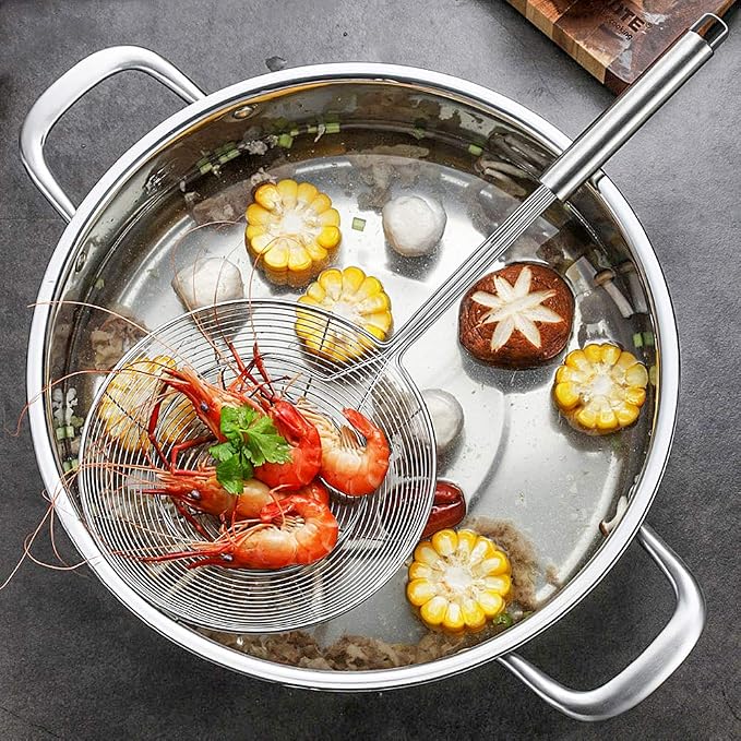 YFWOOD 7 Inch Spider Strainer Skimmer, Slotted Spoon for cooking | Reinforced Double Coil Wire Skimmer with Handle Stainless Steel Strainer Ladle ,for Kitchen Deep Frying Food Spaghetti Noodle