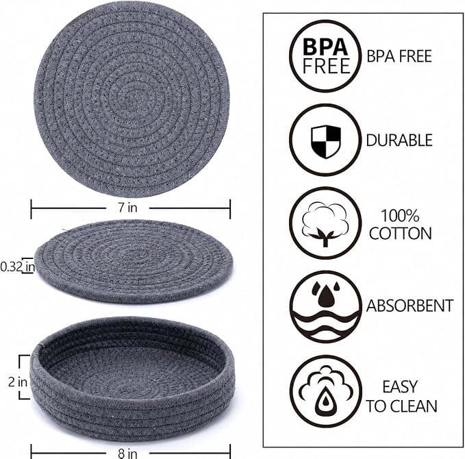 Coga Trivets for Hot Dishes, 5 Pack 7 Inch Cotton Hot Pads for Kitchen with Storage Basket, Round Pot Holders for Kitchen, Heat Resistant Mats for Countertop, Pots and Pans, Farmhouse Decor, Grey