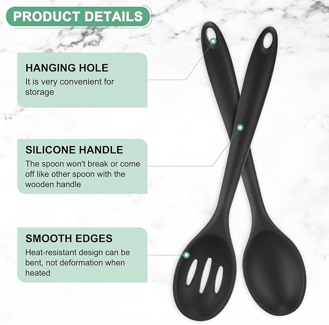 M METERXITY 2-Pack Silicone Spoons for Cooking, 10.6" Mixing Nonstick Slotted and Solid Serving Spoons Heat Resistant Utensils Spoons for Kitchen/Cooking/Baking/Stirring Mixing Tools [Black]