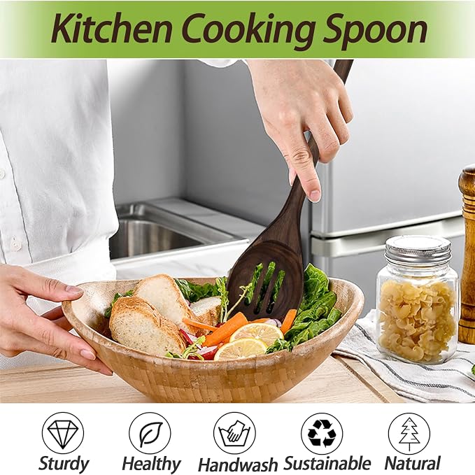 13.5" Walnut Wood Slotted Spoon, Wooden Cooking Utensil with Holes for Draining, Long Handle Kitchen Serving Spoon for Mixing Stirring, Non-Stick