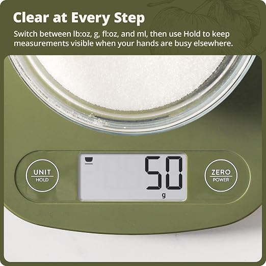 Greater Goods Food Scale – Digital Kitchen Scale, 1g Precision, Easy-Tare & Quick Conversion, Slim Compact Design, Durable & Portable | Ideal for Cooking, Baking & Meal Prep (Moss Green)