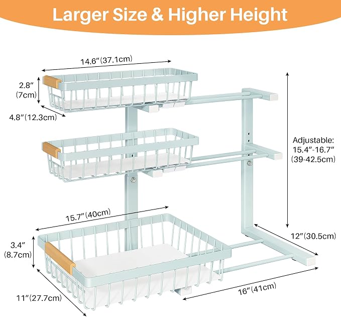 PXRACK Under Sink Organizer, 2-Pack 3-Tier Height Adjustable Thickened Metal Pull out Cabinet Organizer Shelf, Slide out Storage Drawer Rack for Bathroom Kitchen Pantry Home Organization, LightBlue