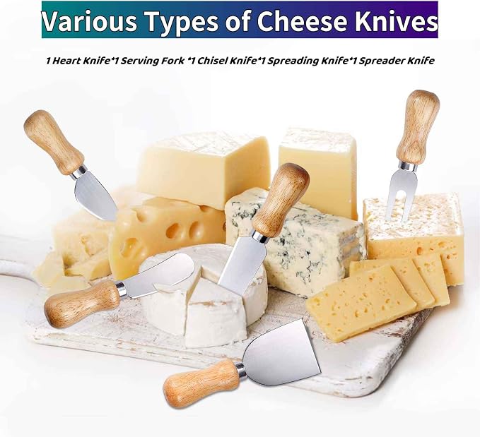 Cheese Knife Set with Wooden Holder,Cheese Spreader Knives Set of 5 for Charcuterie Board,Charcuterie Boards Accessories Charcuterie Utensils Tools Git Box (Mr Mrs)