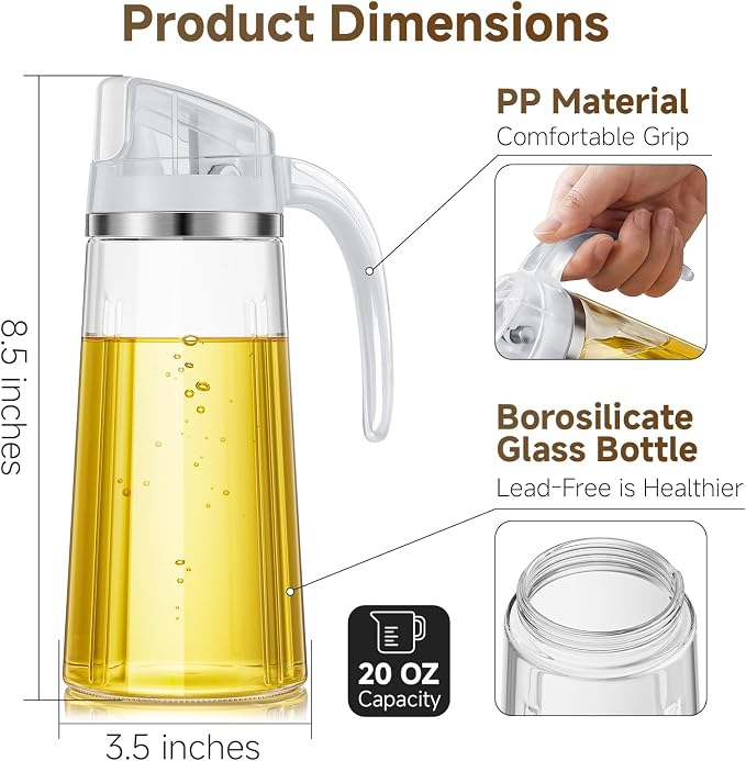 Marbrasse 20oz Glass Oil Dispenser Bottle with Auto Flip Cap, White + Brown | Auto Flip Cap for One-hand Use, Leakproof Design, for Olive Oil/Vinegar/Cooking Oil, Kitchen Essential