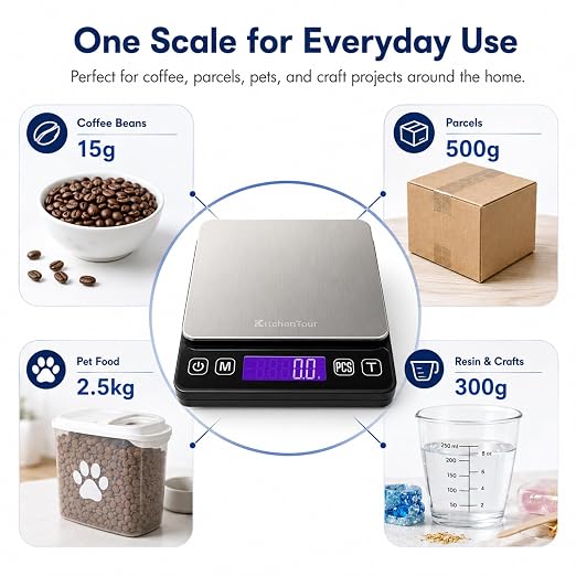 KitchenTour Digital Kitchen Gram Scale - 3000g/0.1g - High Accuracy Precision Food Scale with 9 Units(g/oz/ml/lb/lb:oz/gn/ozt/DWT/ct) - Meat Scale with Back-Lit LCD Display(Batteries Included)