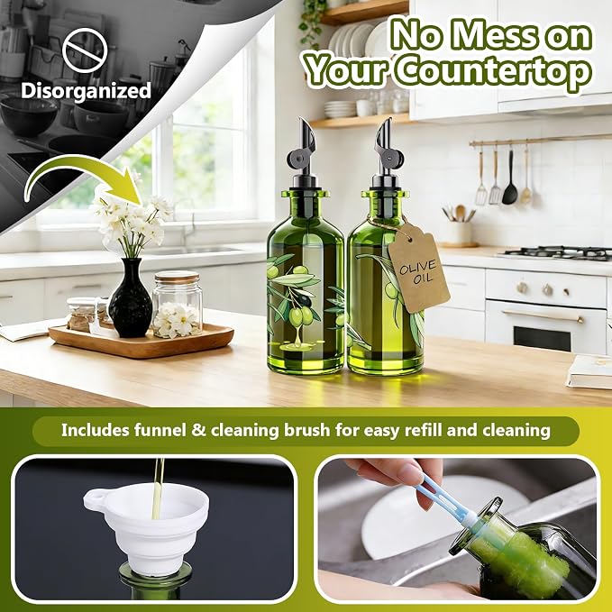 Olive Oil Dispenser Bottle for Kitchen, 12oz/350ml Extra Thick Glass Oil and Vinegar Cruet with Stainless Steel Pourer, Funnel & Cleaning Brush, Premium Oil Dispenser Set (Olive)