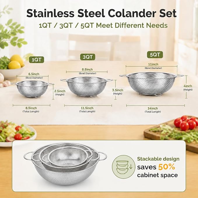 TeamFar Colander Set of 3, Stainless Steel Perforated Metal Colander Strainer with Handles for Spaghetti, Pasta, Berry, Rust Free & Dishwasher Safe - 1/3/5-quart