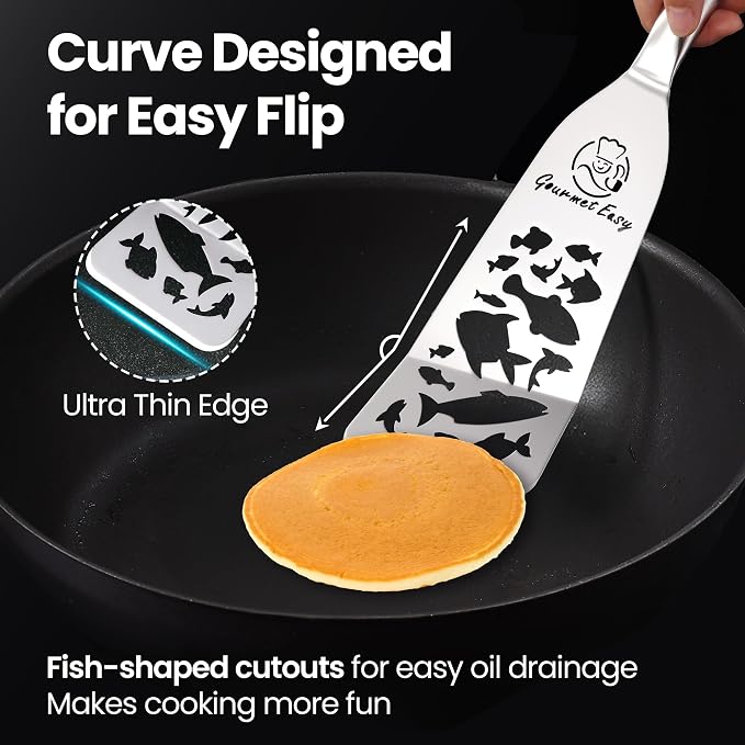 Stainless Steel Fish Spatula Set – Funky Fish Edition, 1 Large Fish Turner + 1 Small Metal Spatula, Ultra-Thin Edge for Easy Turning & Flipping, Ergonomic Non-Slip Handle, Dishwasher Safe