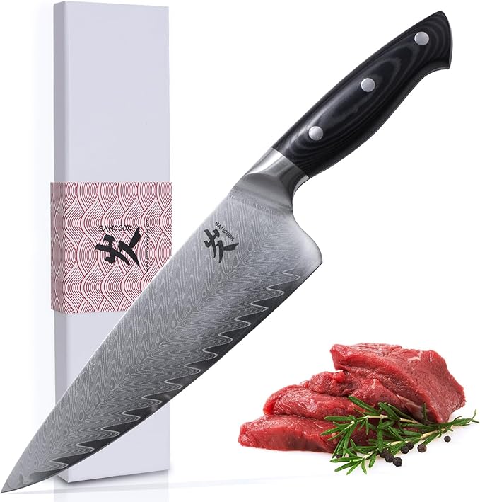 SAMCOOK Damascus Chef Knife - 8 Inch Professional Sharp Kitchen Knife,VG-10 High Carbon Stainless Steel Gyuto Cooking knife - Ergonomic Micarta Wood Handle with Gift Box